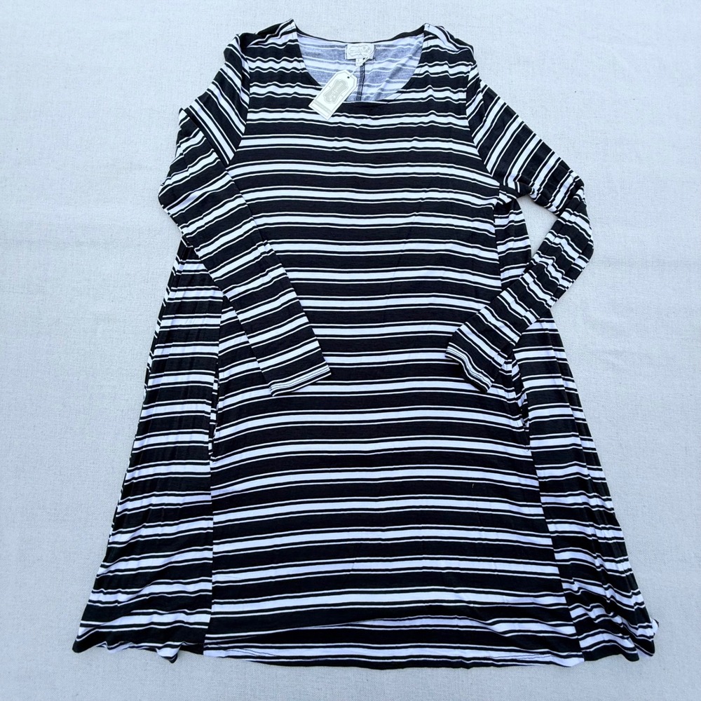 Mud Pie Womens Large Black White Striped Long Sleeve Swing A-Line Dress NWT